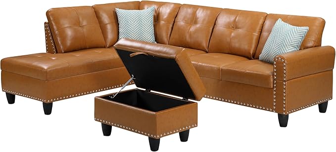 Favfurish 98" L Shaped Sectional Sofa Set with Storage Ottoman Reversible Back Cushion Cupholders,Faux Leather Upholstered Modular Couch for Living Room,Office,Home Furniture,Ginger