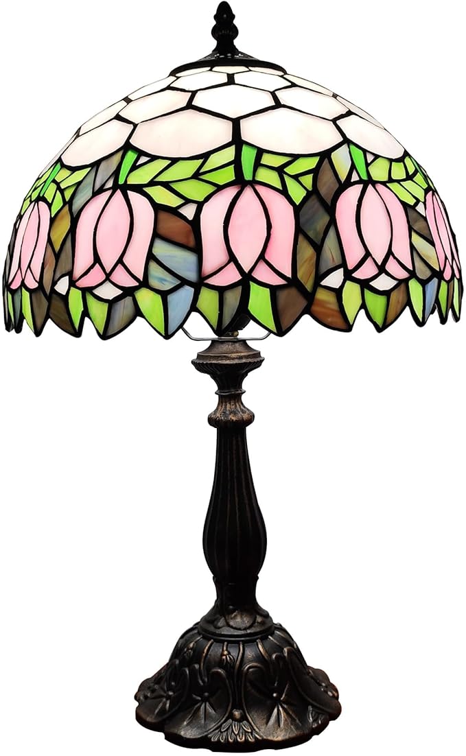 Tiffany Table Lamp 3-Color Light Stained Glass Lamp Tiffany Style Vintage Beside Reading Lamp 12 inch Living Room Light Flowers Style Antique Nightstand Light (Pink Tulip)