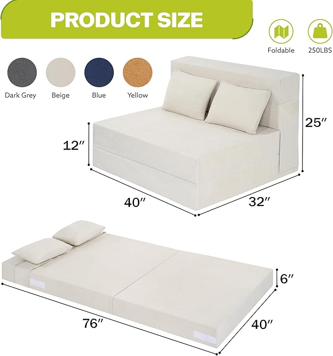 Fvkind Folding Sofa Bed, 4 in 1 Convertible Sleeper Sofa Bed Chair with Pillow, Twin Memory Foam Loveseat Futon Sleeper Chair, Foldable Futon Couch for Living Room, Bedroom, Guest Room, Beige