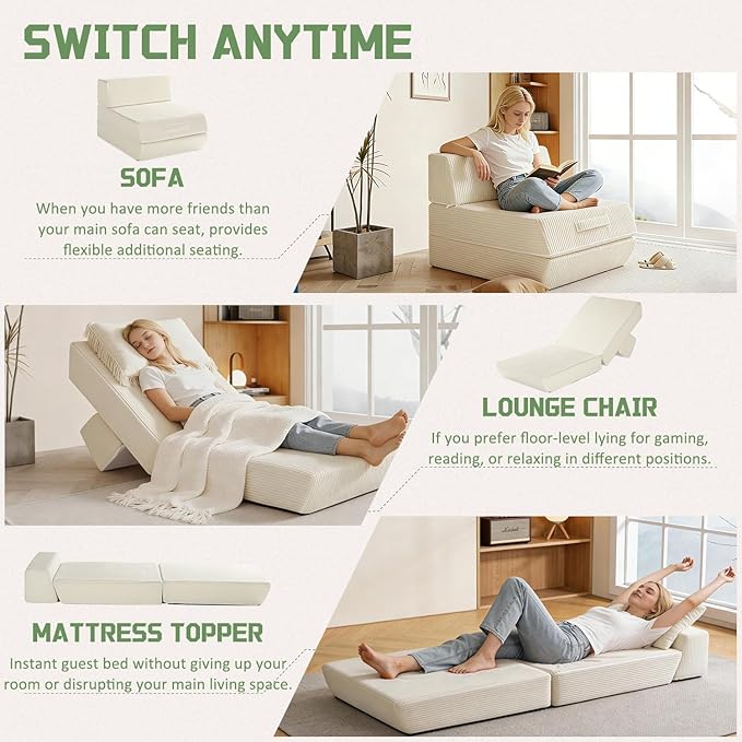 Trenda Folding Sofa Bed, 16lbs Convertible Sleeper Chair with Removable Back Pillow & Handle, Washable Cover Solid Foam Fold Out Chair Bed for Living Room, Apartment, Guest, Single, Beige