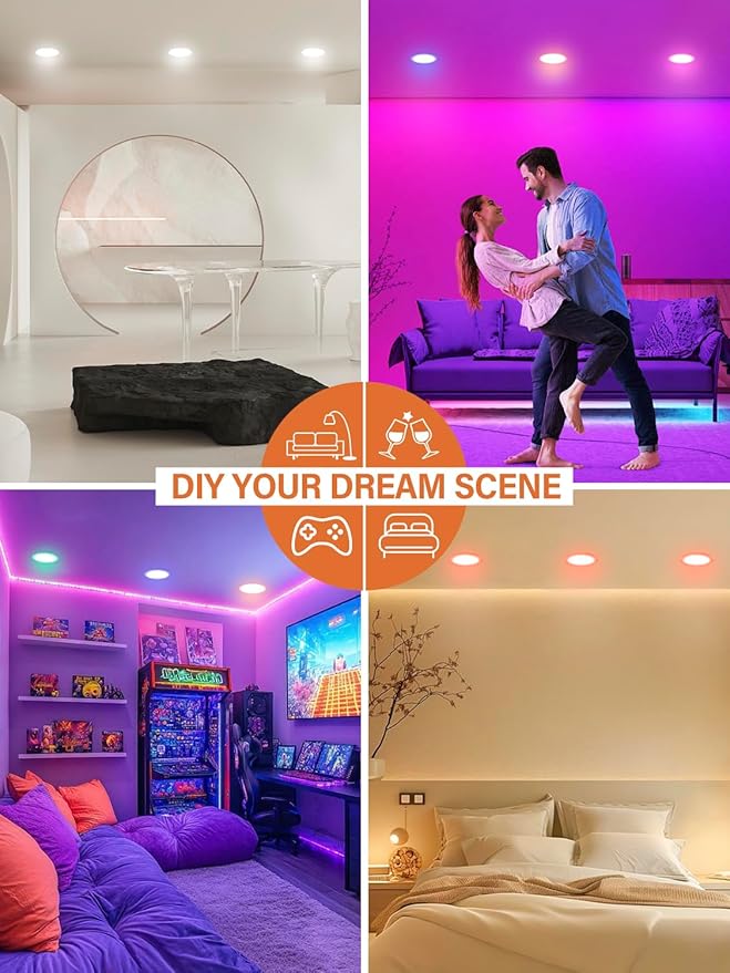 6Pack 6Inch Smart LED RGB Recessed Lighting, Color Changing Canless Downlight, 2700K-6500K, 2.4GHz Wi-Fi & Bluetooth, 12W 1200lm, Works with Tuya App, Alexa & Google Assistant, Gateway Included