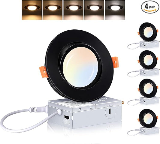 CLOUDY BAY [4 Pack] 4 inch 5 Color Swivel LED Gimbal Recessed Light with Junction Box IC Rated Air Tight,120V CRI90+,2700K/3000K/3500K/4000K/5000K Selectable,Black
