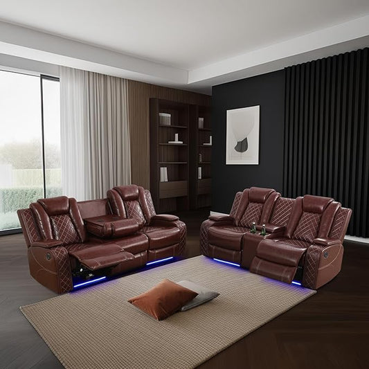 Power Leather Recliner Sofa Set with LED Light,Reclining Sofa and Loveseat,Leather Couch Set for 3 Seats Couch with Coffee Table/Loveseat with Storage Console 2 PCS for Living Room(Red,3+2)