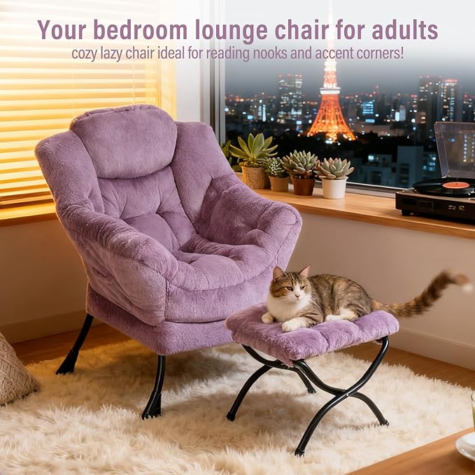 Lazy Chair with Ottoman, Modern Chair with Folding Footrest, Plush Purple Accent Chair, Comfortable Reading Chair, Oversized Armchairs for Bedroom, Study, Living Room, Courtyard