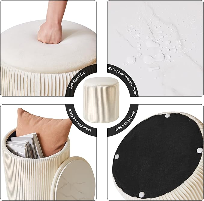 IBUYKE Round Ottoman with Storage Set of 2 Boucle Ottoman End Table for Living Room Vanity Stool Velvet Footrest Stool Bar Stool White UWBD005W