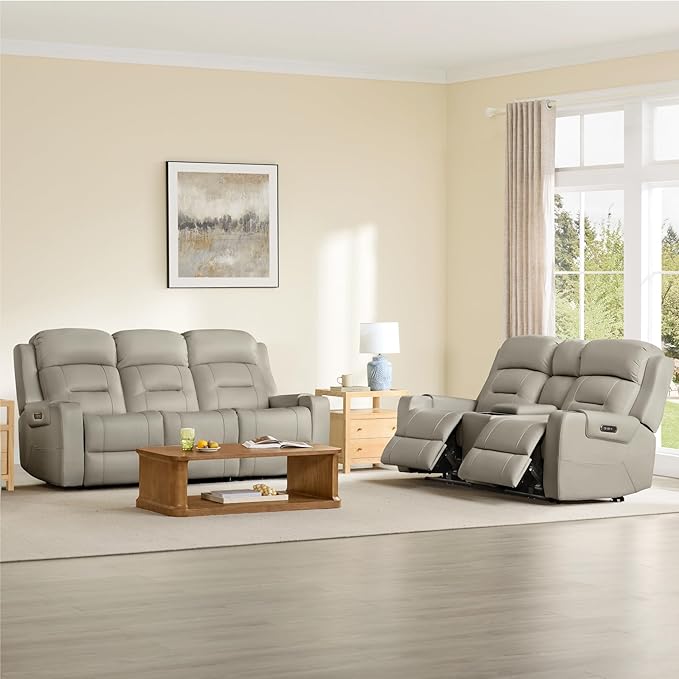 Watson & Whitely Genuine Leather Power Loveseat Recliner Sofa, Lay Flat Reclining Sofa with Console, Power Headrest, Cup Holders & Wireless Charging, Dual Recliner for Living Room, Grey