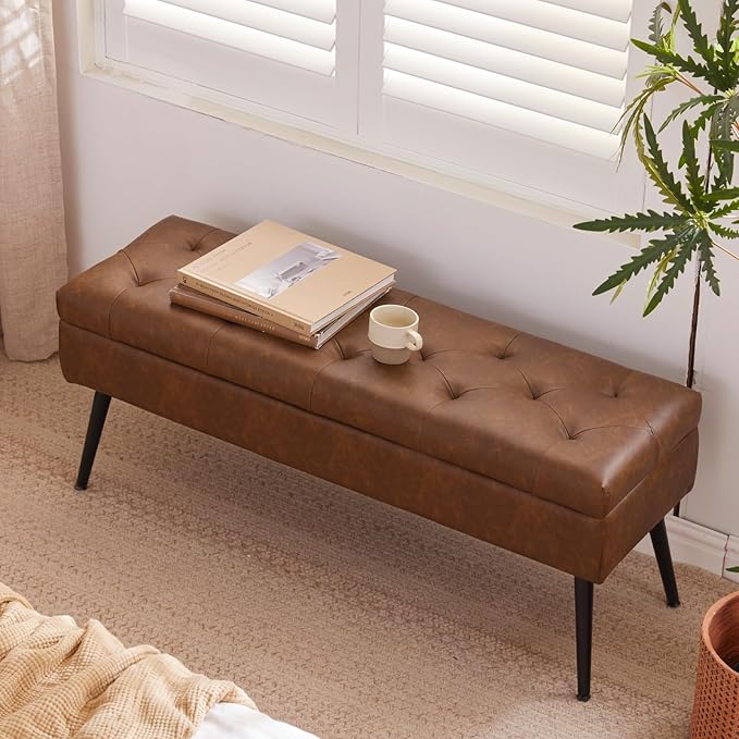 CUYOCA Storage Ottoman Bench Bed, 40" Faux Leather Tufted Entryway Bench, Long Ottoman with Storage for Living Room, Support 660lbs - Retro Brown