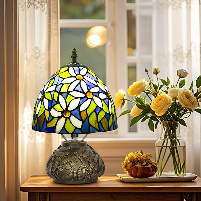 Small Tiffany Table Lamp,Stained Glass Lamp,8 Inch Mushroom Style Mini Vintage Desk Lights for Bedside, Bedroom,Nightstand,Living Room,3 Color Temperature (White Flower)