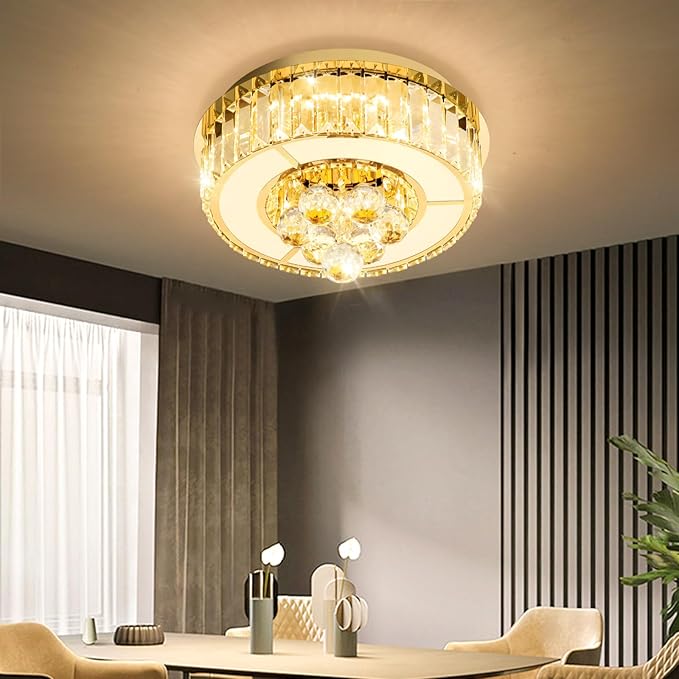 11.8'' Gold Modern Crystal Chandeliers for Dining Room LED Dimmable Light Fixtures Flush Mount Light Living Room Bedrooms