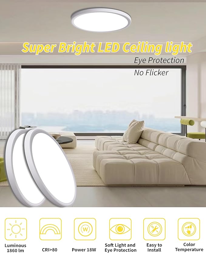6pack 9 Inch Flush Mount Ceiling Light, 18w Led Ceiling Light, 3000k/4000k/6000k Selectable 1860lm Ceiling Light, Super Slim Led Light Fixture For Bedroom Kitchen Living Dining Room Office