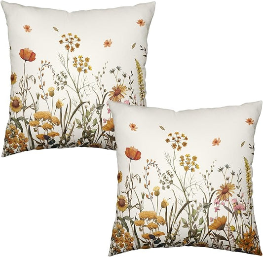 Fall Floral Outdoor Pillow Covers 24x24 Set of 2 Burnt Orange Wild Flowers Throw Pillows Case Autumn Colored Wildflower Decorative Farmhouse Cushion Covers for Sofa Couch