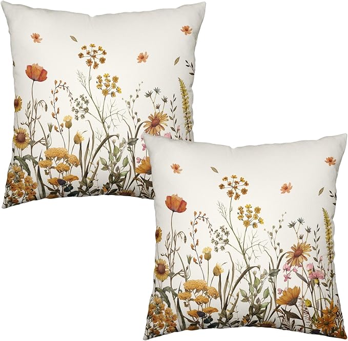 Fall Floral Outdoor Pillow Covers 18x18 Set of 2 Burnt Orange Wild Flowers Throw Pillows Case Autumn Colored Wildflower Decorative Farmhouse Cushion Covers for Sofa Couch