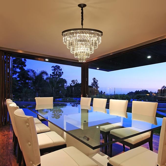 23.23" Black Crystal Chandelier 12-Light Modern Crystal Pendant Ceiling Light Fixture 5-Tier Luxury K9 Crystal Chandeliers,for Dining Room Kitchen Island Living Room Bedroom
