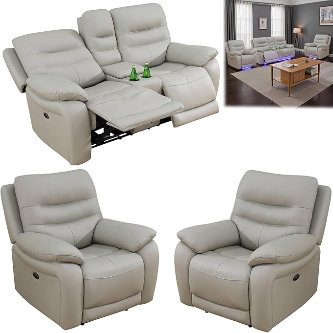 Power Reclining Sofa Set, Genuine Leather Recliner Sofa Set,Living Room Furniture Setwith USB Charging and LED Lights,for Living Room/Apartment/Office/Home Theather,Light Grey,2C+L