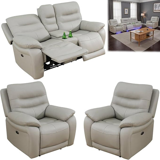 Power Reclining Sofa Set, Genuine Leather Recliner Sofa Set,Living Room Furniture Setwith USB Charging and LED Lights,for Living Room/Apartment/Office/Home Theather,Light Grey,2C+L