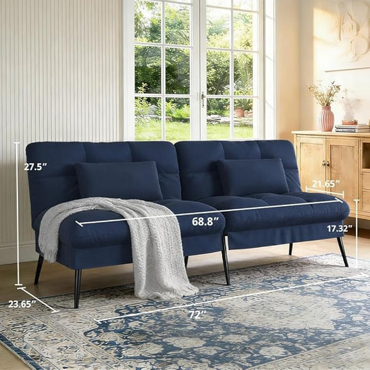 COMHOMA 72″Futon Sofa Bed,Modern Convertible Sleeper Sofa, Fabric Futon Couch with Multi-Position Backrest for Living Room Furniture(Blue)