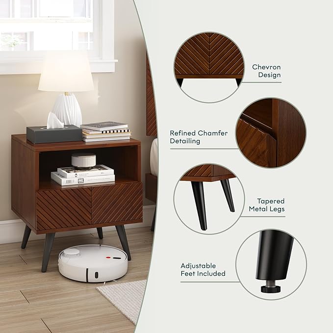 Bme Rhombus Wooden Nightstand with Storage Drawer – Solid Rubber Wood, Geometric Rhombus Pattern Front, Modern Scandinavian Side Table with Metal Base for Bedroom
