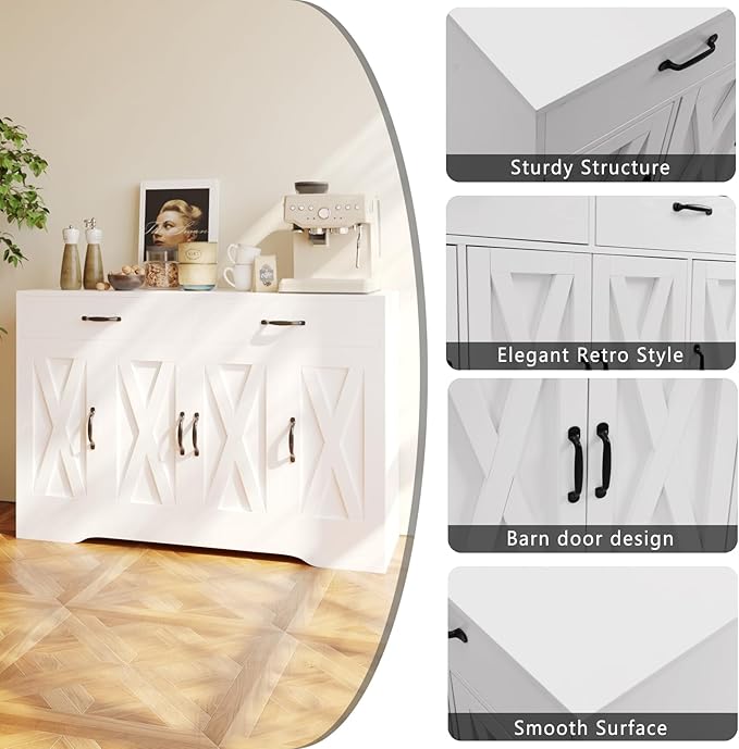 Sideboard Cabinet with Drawers, 47" W Sideboard Buffet Storage Cabinet with Storage for Kitchen, Farmhouse Coffee Bar Cabinets with Shlves and Doors for Hallway, White