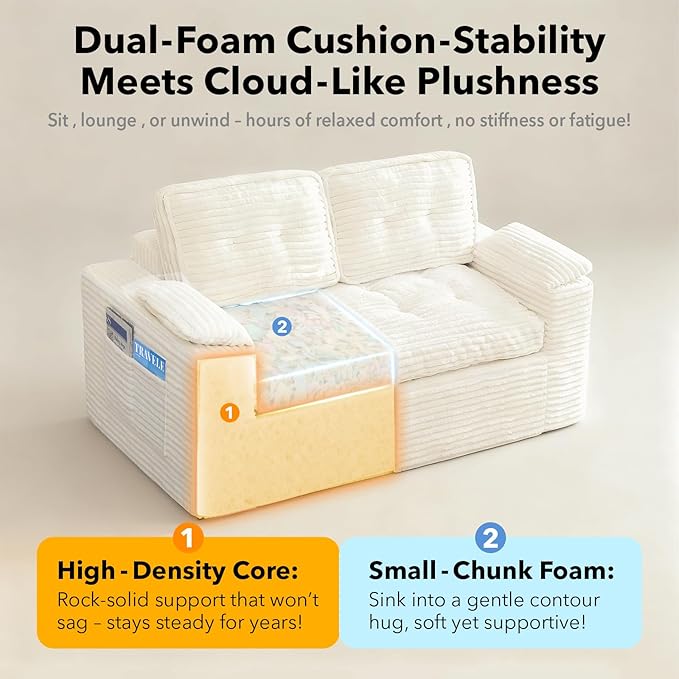 Boneless Loveseat, 2 Seater Deep Seat Loveseat Sofa with Wide‑Wale Corduroy for Small Spaces & Living Room, 60” Width, No Assembly, Washable Cover, Beige