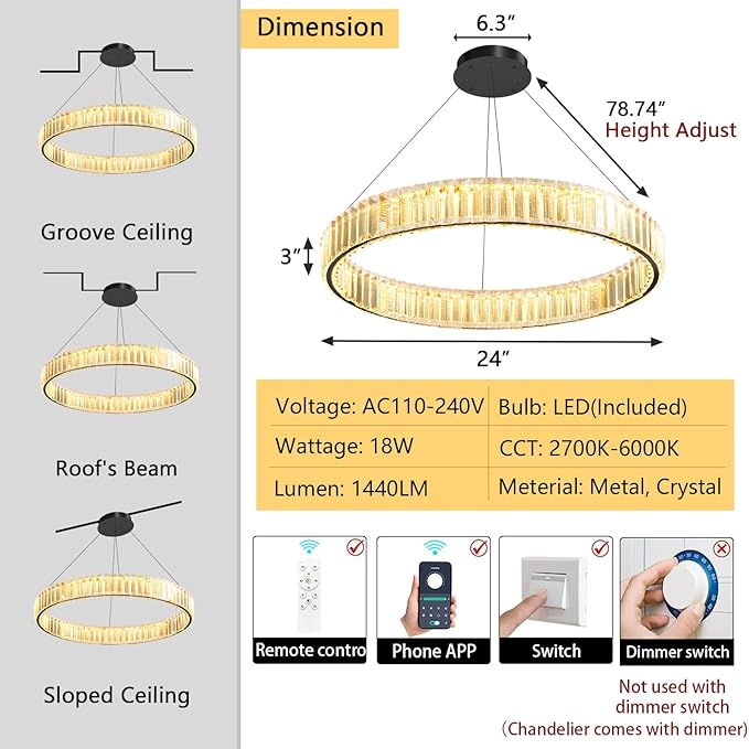 24'' Modern Ring Chandelier Crystal Chandeliers for Dining Room Round LED Dimmable Ceiling Light Fixture for Living Room Bedroom Lighting Black