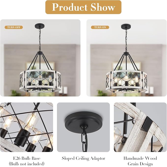 5-Light Farmhouse Chandelier 19.8" White Rustic Chandelier for Dining Room Adjustable Pendant Light Fixture for Kitchen Island Entryway Bedroom Hallway
