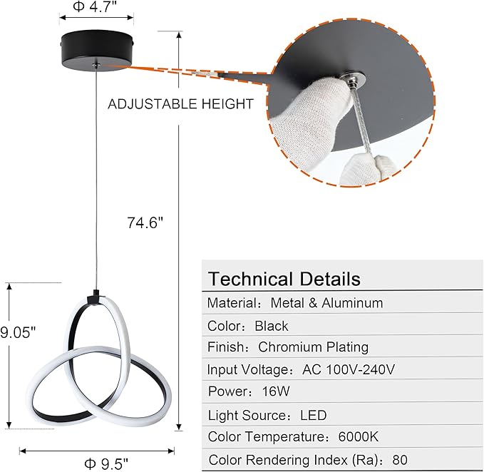 MAYNA Modern Spiral LED Chandelier, 6000K Daylight Pendant Light, Adjustable Height Island Light Fixture for Bedroom, Cafe, 1 Pack (Black)