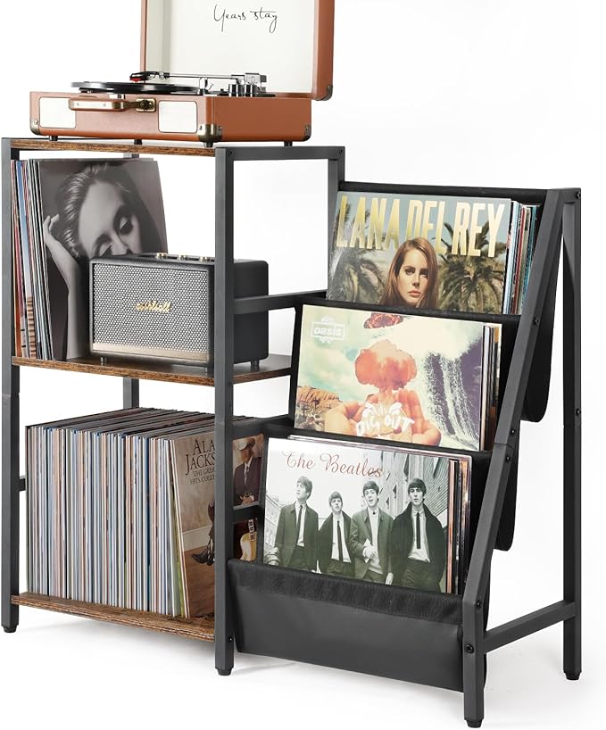 Bikoney Record Player Stand, Turntable Stand with 3-Tier Vinyl Record Storage, Record Player Table 200 Albums, End Table with Vinyl Display Holder Shelf, Record Player Cabinet Media Console for Stereo