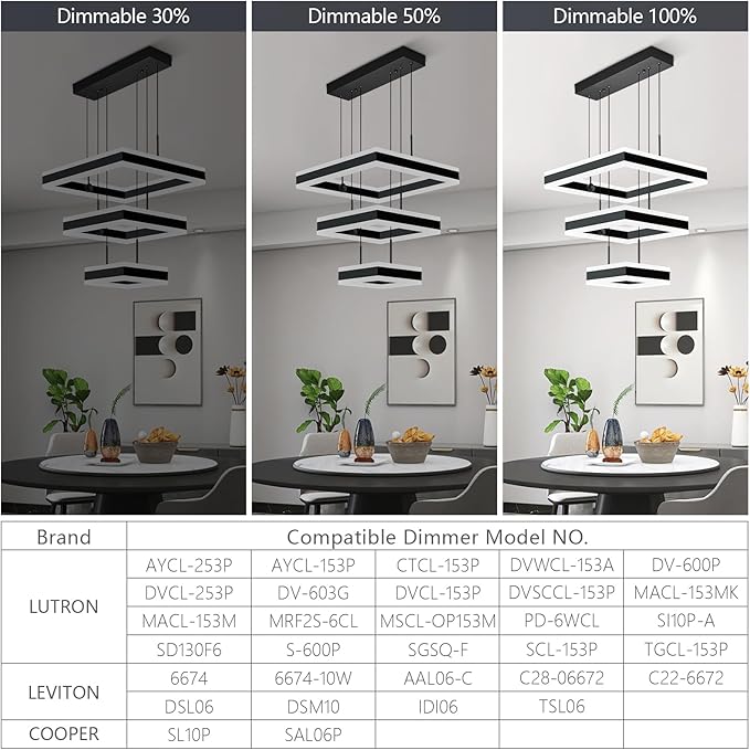 Modern Black Chandelier Foyer Ceiling Chandeliers 90W Dimmable LED Pendant Light Dining Room Light Fixture 3 Rings Square Chandelier for Kitchen Island Living Room Bedroom Hallway