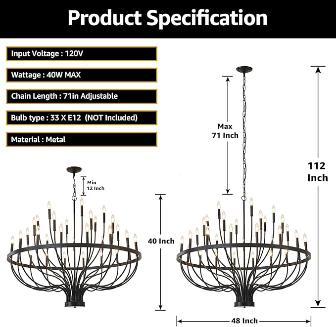 HHR 48-Inch Farmhouse Foyer Chandelier Entryway High Ceiling, 33-Light Candle Chandelier Light Fixtures Modern Black Chandeliers for Dining Room Bedroom Hallway Kitchen Living Room