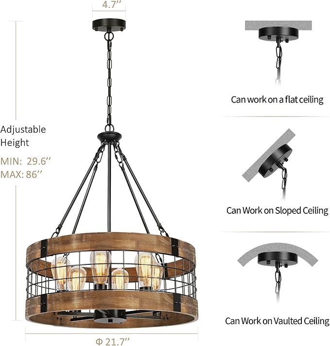6-Light Farmhouse Wood Chandelier for Dining Room, Rustic Foyer Light Fixtures, Industrial Drum Hanging Lights for Kitchen Island Entryway, Nature Wood Texture and Black Metal Finish