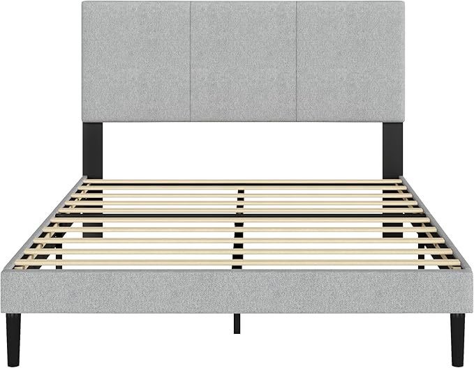 Full Size Bed Frame with Upholstered Headboard, Sturdy Wood Slats, No Box Spring Required, Silent, Easy Assembly,Gray