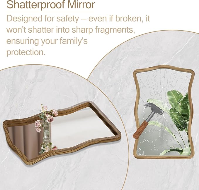 ULIKE Wavy Wall Mirror for Bathroom, 24x36 Wood Frame Mirror for Over Sink, Rustic Wall Mirrors Decorative and Vanity Mirrors for Bedroom Living Room Entryway, Brown