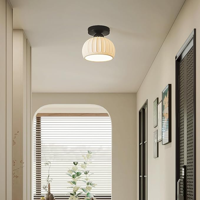 2 Pack Ceramic Black Semi Flush Mount Ceiling Light Vintage Hallway Light Fixtures, Modern Small Ceiling Mount Light Lamp for Hall Kitchen Entryway Passway Porch Foyer