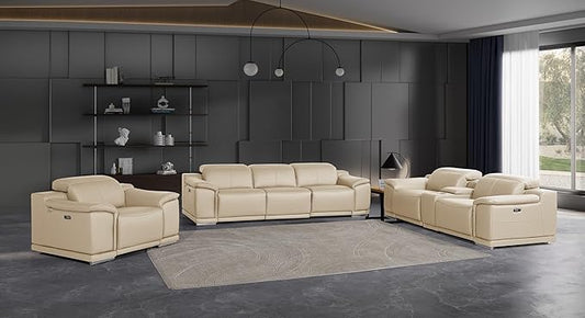 Blackjack Furniture Venice Top Grain Italian Leather Recliner 7 Seater 6 Power Reclining 3 Piece Sofa Set with Adjustable Headrests Modern Seating Sofa, Loveseat and Chair for Living Room , Beige