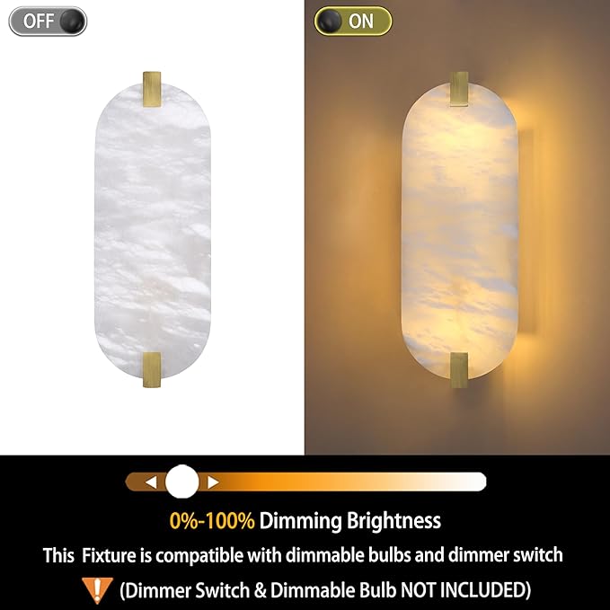 2 Pack 2 Light Oval 12.75" Alabaster Marble Bathroom Wall Sconce Modern Concise Style Wall Light Fixture,Gold Finish for Bedroom Hallway Bedside