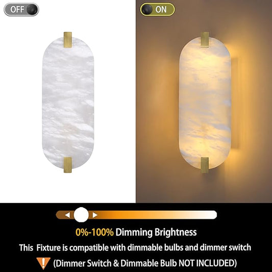 2 Pack 2 Light Oval 12.75" Alabaster Marble Bathroom Wall Sconce Modern Concise Style Wall Light Fixture,Gold Finish for Bedroom Hallway Bedside