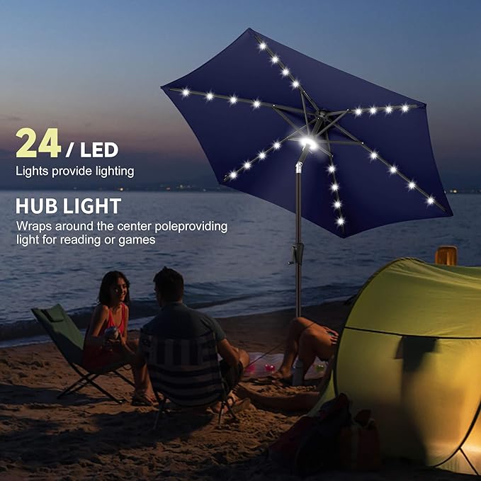 7.5ft Solar Umbrella Outdoor - Lighted Solar Patio Umbrella with 24 LED Lights Waterprool UV Protection, Table Umbrella with Tilt for Pool, Porch, Garden, Deck, Backyard (Navy Blue)