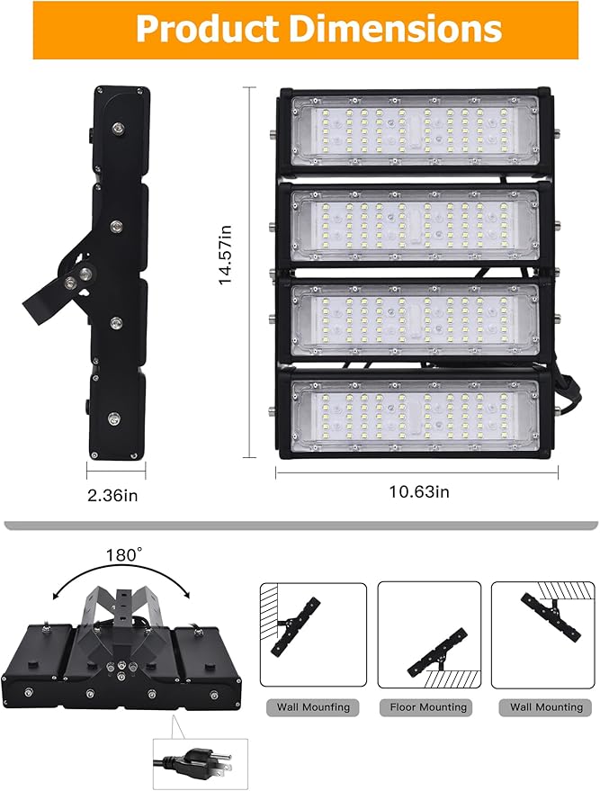 WERISE 200W Stadium Lights Outdoor, IP66 Waterproof 40000LM 200LM/W Super Bright LED Flood Light with Plug, 6000K Daylight White 100-277V Floodlight Security Lighting for Yard Parking Lot