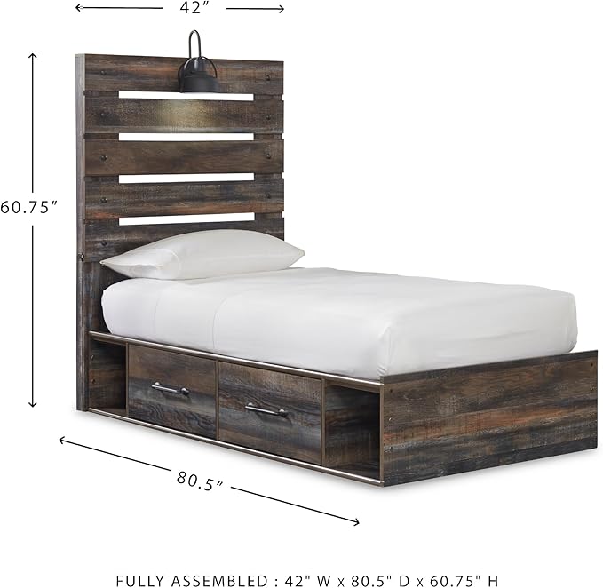 Signature Design by Ashley Drystan Rustic Twin Panel Platform Bed with 4 Storage Drawers, Open Cubbies, Sconce LED Light and USB Ports, Foundation or Box Spring Not Needed, Dark Brown & Gray