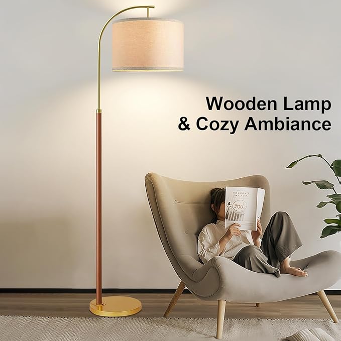 Wood Floor Lamps for Living Room Arc Floor Lamp with Remote Control,Dimmable LED Floor Lamp Mid Century Modern Standing Lamp with 3 Color Temperature Tall Gold Floor Lamp for Bedroom Corner