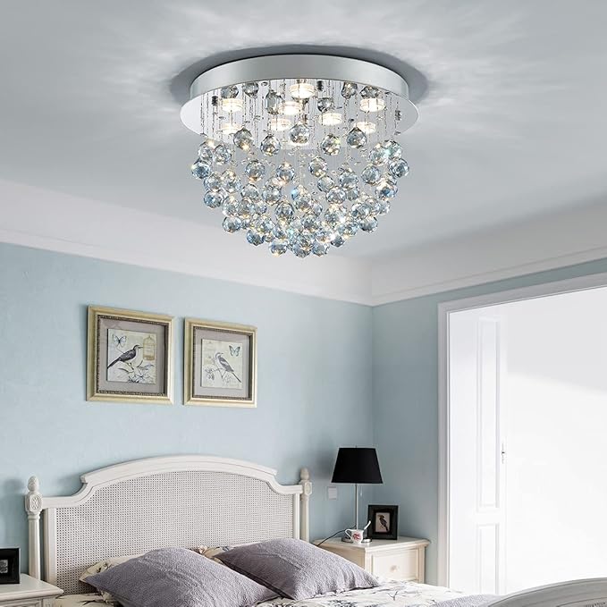 Saint Mossi 9-Lights Modern Chandelier K9 Crystal Light Fixture,Modern Flush Mount Ceiling Light Fixtures Raindrop Chandelier for Dining Room,Living Room, Light Blue Crystal & Chrome Finish