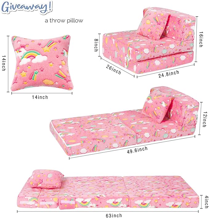MeMoreCool Glow Tri-fold Sofa Bed for Kids, Folding Futon Mattress and Chair, Foldable Floor Couch for Playroom and Trifold Mattress for Sitting