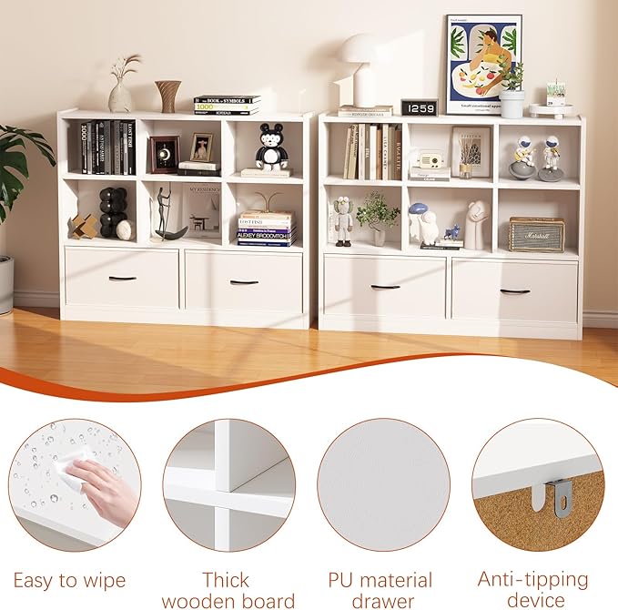 Cube Bookshelf Storage Organizer Bookcase,8 Cube Open Mid-Centur Shelf,Freestanding Display Bookshelve, Modern Wide Toy Shelf with Drawers for Bedroom Living Room Office(White)