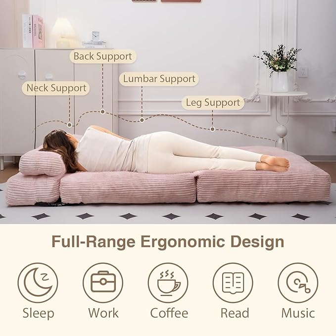 Folding Sofa Bed, Folding Chair Bed with Pillow, Convertible Lazy Sofa Bed with High-Density Support Foam, Fold Out Chair for Small Spaces Living Room Bedroom, Pink