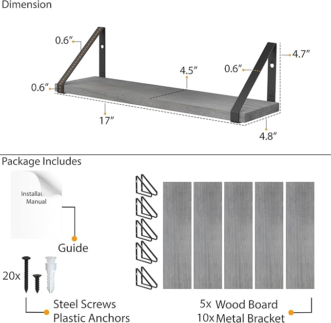 Wallniture Ponza 17'' x 4.5'' Floating Wall Shelf Bathroom, Small Wood Book Shelves for Wall Storage, Wall Mounted Shelf, Dining Room, Bedroom, Living Room, Office & Kitchen Organization, Gray, 5pcs