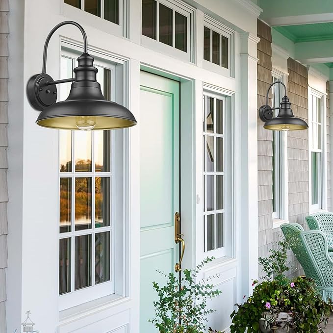 Dusk to Dawn Sensor Outdoor Barn Light Fixture, 12.3 Inch Dome Outdoor Wall Sconce Farmhouse Wall Mount Lights Exterior Light Fixture Black Finish Industrial Wall Lantern for Porch, 2Pack