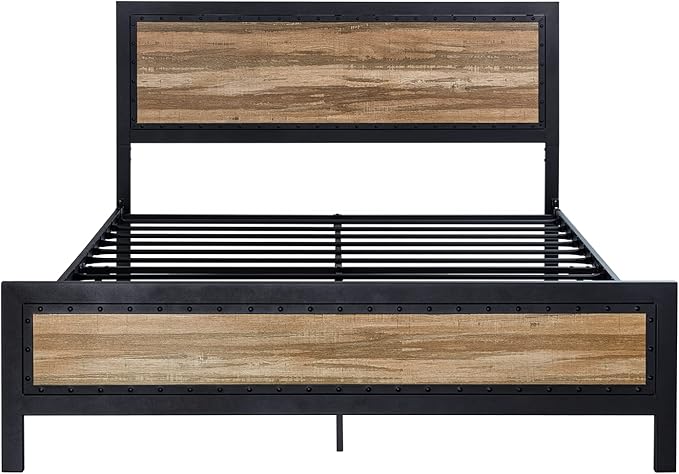 SHA CERLIN Heavy Duty Full Size Bed Frame, Metal Platform Base with Rivet Wooden Headboard Footboard, 13 Strong Steel Slats Support, No Box Spring Needed, Mattress Foundation