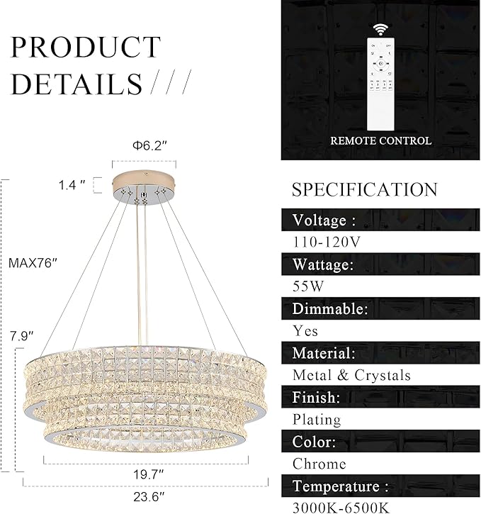 24’’ Crystal LED Chandelier 2-Tier with Remote Control Dimmable 3000-6500K Contemporary Luxury Chandeliers Modern Chrome Light Fixture for Dining Living Room Kitchen Island Foyer Entryway