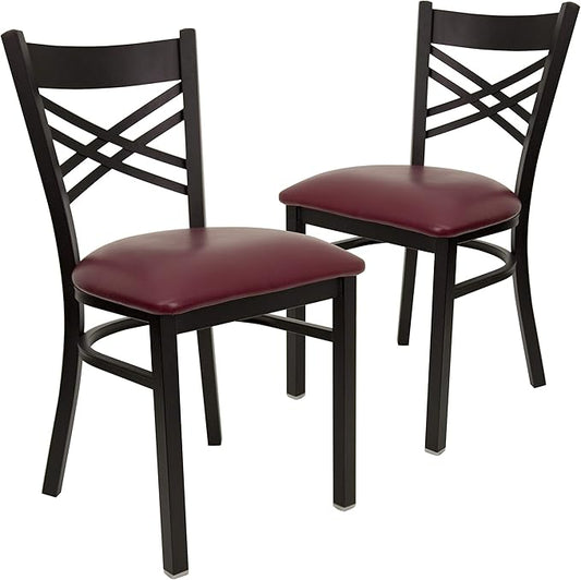 Flash Furniture 2 Pack HERCULES Series Black ''X'' Back Metal Restaurant Chair - Burgundy Vinyl Seat