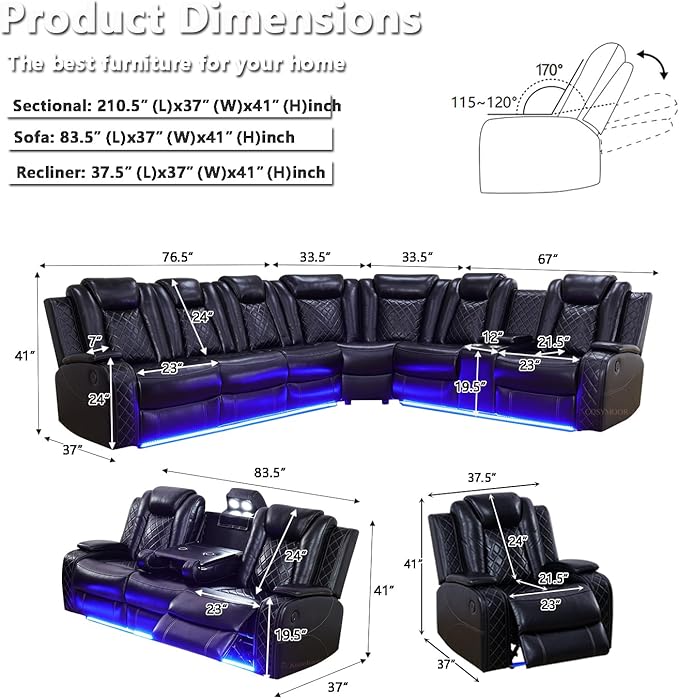 Living Room Furniture Set, Power Sectional Recliner Sofa and Chair Set with LED Light, Air Leather Electric Reclining Sofa with 5 Recliner Seats/Cup Holders/USB Port/Storage Console for Living Room
